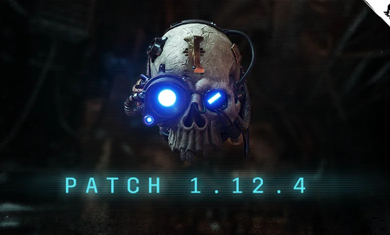 A glowing mechanical skull above the text Patch 1.12.4 in Warhammer 40,000: Darktide