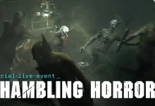 Shambling infected enemies crowd together in a dim green-lit setting beneath the Shambling Horrors event title