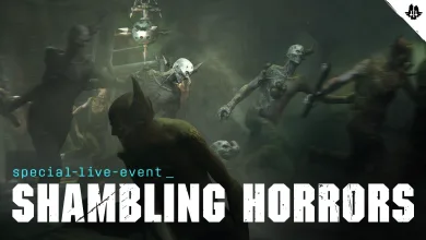 Shambling infected enemies crowd together in a dim green-lit setting beneath the Shambling Horrors event title