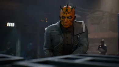 Darth Maul sits across a table in a dimly lit Star Wars Zero Company scene.