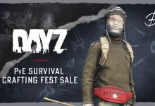 DayZ survivor wearing a face covering and carrying a red medical pouch beside the text PvE Survival Crafting Fest Sale