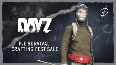 DayZ survivor wearing a face covering and carrying a red medical pouch beside the text PvE Survival Crafting Fest Sale