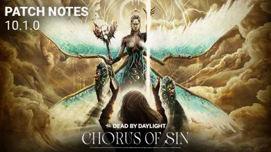 Dead by Daylight 10.1.0 artwork showing The Judgment above a Survivor beneath the Chorus of Sin title