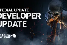 Dead by Daylight developer update artwork featuring a skull-faced killer