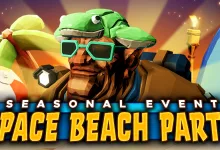 A Deep Rock Galactic miner wearing green turtle-themed gear stands beside a beach ball and surfboard under the words “Seasonal Event Space Beach Party.”