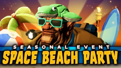 A Deep Rock Galactic miner wearing green turtle-themed gear stands beside a beach ball and surfboard under the words “Seasonal Event Space Beach Party.”