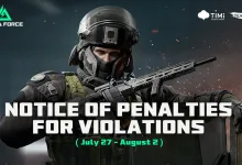Delta Force soldier holding a rifle beneath text reading “Notice of Penalties for Violations” for July 27–August 2