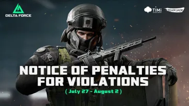 Delta Force soldier holding a rifle beneath text reading “Notice of Penalties for Violations” for July 27–August 2