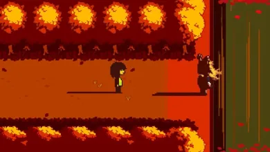 Pixel-art scene from Deltarune showing two characters in an autumn-colored area.