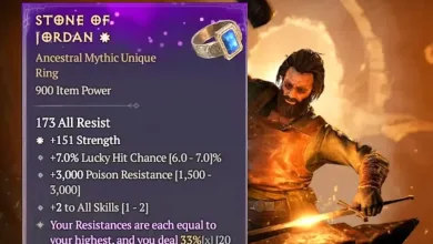 Diablo 4 Stone of Jordan item tooltip showing 3,000 Poison Resistance and resistances matching the highest value