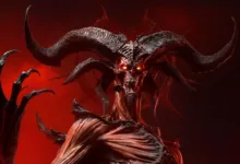 Horned demon with glowing red eyes against a dark red background in Diablo IV