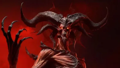 Horned demon with glowing red eyes against a dark red background in Diablo IV