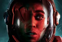 A close-up of a bloodied character wearing a space helmet in Directive 8020