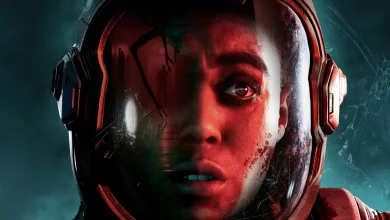 A close-up of a bloodied character wearing a space helmet in Directive 8020