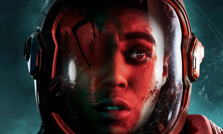 A close-up of a bloodied character wearing a space helmet in Directive 8020