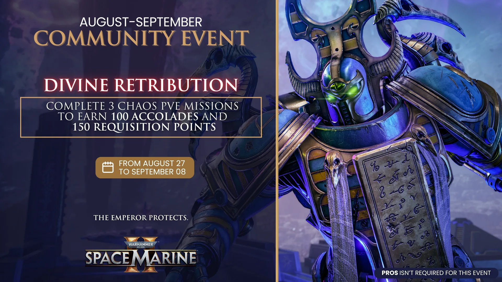 Divine Retribution community event graphic showing the Chaos PvE mission reward