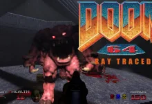 Doom 64 gameplay showing a pink demon in a dark corridor beneath the Doom 64 Ray Traced logo