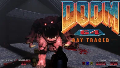 Doom 64 gameplay showing a pink demon in a dark corridor beneath the Doom 64 Ray Traced logo
