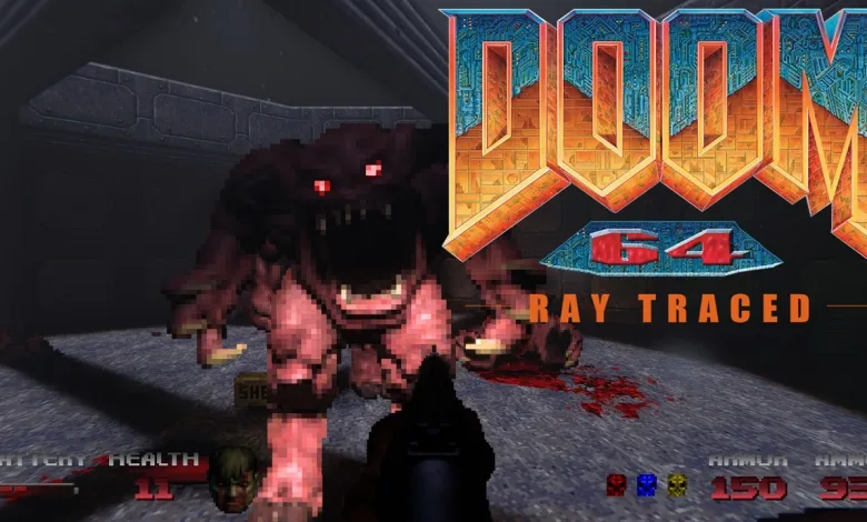 Doom 64 gameplay showing a pink demon in a dark corridor beneath the Doom 64 Ray Traced logo