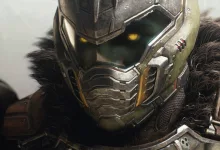 Close-up of Doom Slayer in heavy armor with glowing yellow eyes