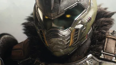 Close-up of Doom Slayer in heavy armor with glowing yellow eyes