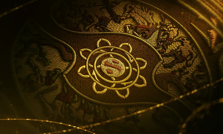 Close-up of the gold The International emblem on ornate Dota 2 event artwork