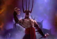 Doviculus, the horned villain from Brütal Legend, raises one hand while holding a microphone amid purple and orange lighting
