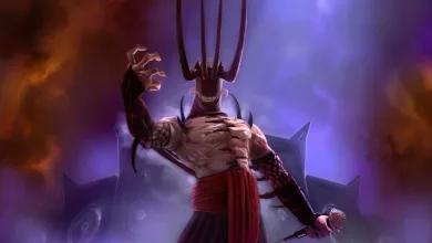 Doviculus, the horned villain from Brütal Legend, raises one hand while holding a microphone amid purple and orange lighting