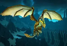A World of Warcraft dragon flies above a frozen Northrend landscape.