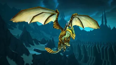 A World of Warcraft dragon flies above a frozen Northrend landscape.