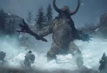 A giant horned creature confronts adventurers in a snowy frozen landscape in Dragon's Dogma 2: Dark Arisen.