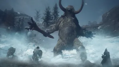 A giant horned creature confronts adventurers in a snowy frozen landscape in Dragon's Dogma 2: Dark Arisen.