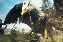 Dragon's Dogma II adventurers fighting a giant griffin in a grassy field