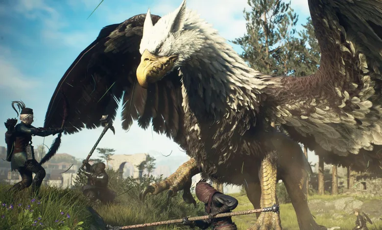 Dragon's Dogma II adventurers fighting a giant griffin in a grassy field