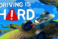 A bathtub-like off-road vehicle carrying a bald driver climbs across a twisted tree beneath the Driving Is Hard title.