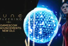Dune: Awakening artwork showing a blue geometric sphere beside a blue-haired character, with text announcing new DLC at Gamescom.