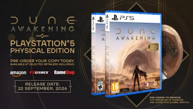 Dune: Awakening PlayStation 5 physical edition cases and disc shown in an official release announcement graphic