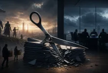 Conceptual illustration of oversized scissors cutting through a stack of documents between a futuristic game-world landscape and a dark corporate boardroom.
