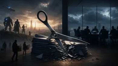 Conceptual illustration of oversized scissors cutting through a stack of documents between a futuristic game-world landscape and a dark corporate boardroom.