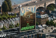 A billboard promoting The Grounds in an EA FC 27 city setting