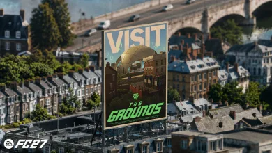 A billboard promoting The Grounds in an EA FC 27 city setting