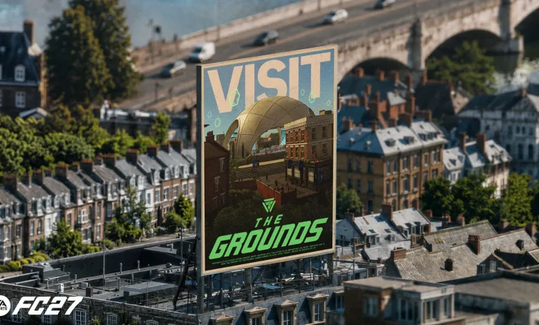 A billboard promoting The Grounds in an EA FC 27 city setting