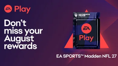 EA Play graphic showing an August rewards pack for EA SPORTS Madden NFL 27