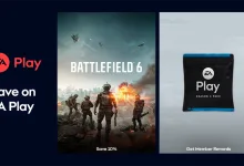 EA Play promotional graphic showing Battlefield 6 artwork, a Season 4 Pack, and member rewards.