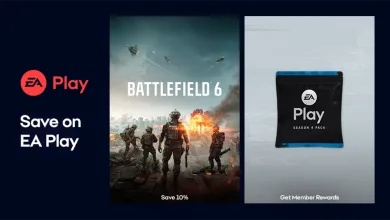 EA Play promotional graphic showing Battlefield 6 artwork, a Season 4 Pack, and member rewards.