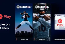 EA Play promotional graphic featuring Madden NFL 27 artwork, a 10-hour trial, member savings, and Ultimate Team rewards