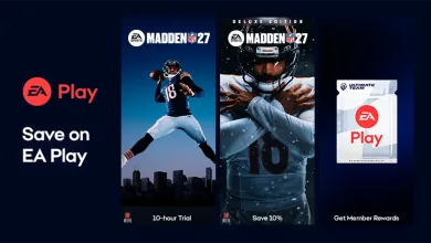 EA Play promotional graphic featuring Madden NFL 27 artwork, a 10-hour trial, member savings, and Ultimate Team rewards