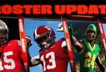 EA SPORTS College Football 27 roster update graphic featuring three football players in different team uniforms