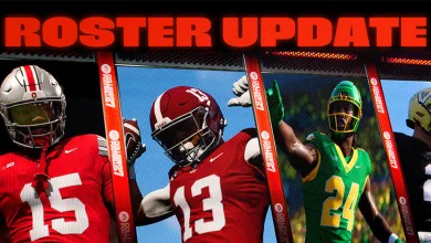 EA SPORTS College Football 27 roster update graphic featuring three football players in different team uniforms