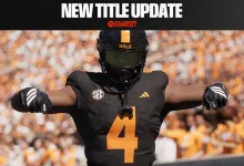 Football player wearing a black number 4 uniform beneath a New Title Update banner for EA SPORTS College Football 27
